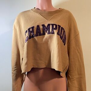 CHAMPION Sweatshirt‎ Womens Large Cropped Reverse Weave Pullover Brown W/purple